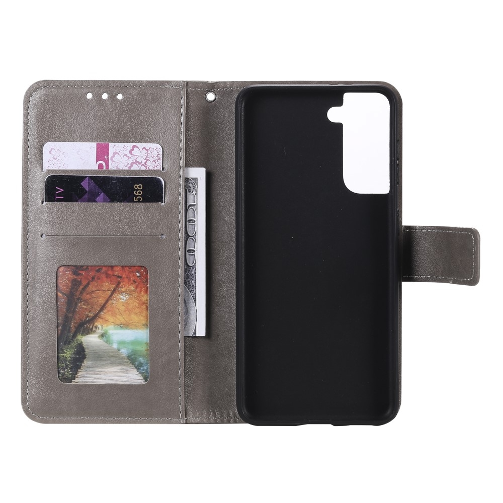 Samsung Galaxy S21 5G Leder Tasche Wallet - Mandala Flowers Imprint - Grau