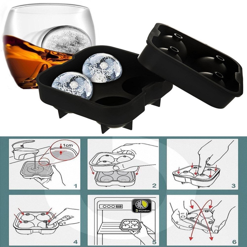 (4-fach) 3D Silikon Eiswürfel Form DIY Ice Cube Tray mit Deckel für Cocktails / Whisky / Softgetränke - Kugel