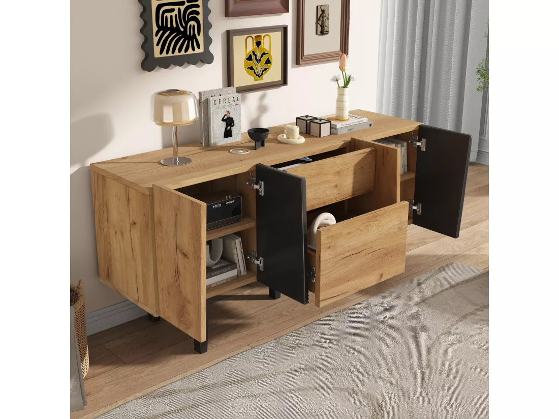 Buffet avec 4 portes et 2 tiroirs, meuble TV - 140 x 40 x 70 cm - Panneaux de particules et pieds en bois massif - Chêne
