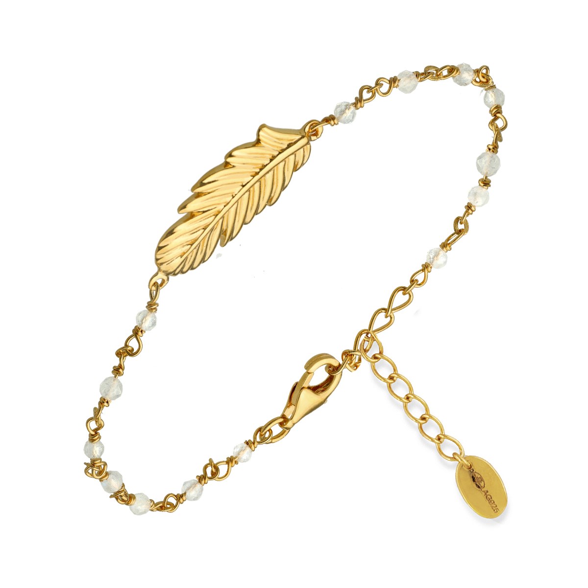 Bracelet En Argent Doré Plume Pierres Blanches