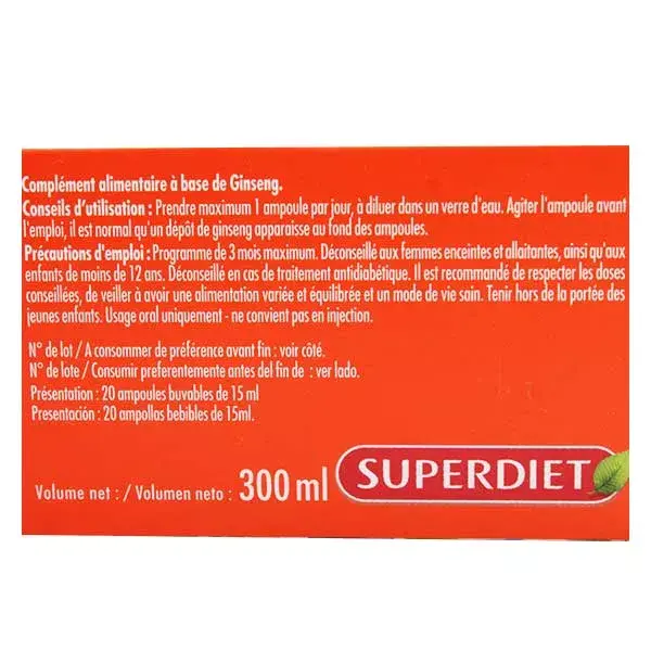 Ginseng Orgânico Superdiet - 20 ampolas de 15ml