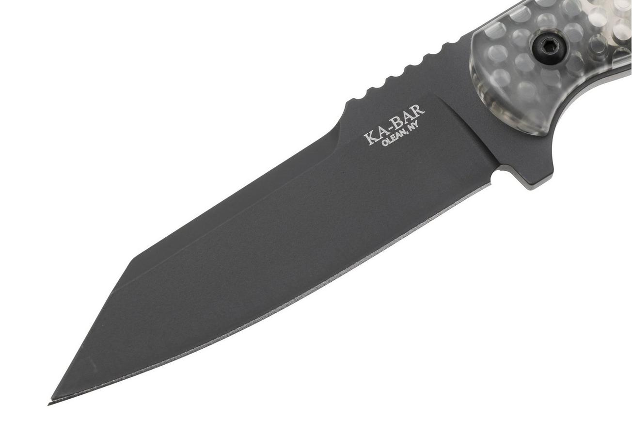 KA-BAR Cool Name 7702, Black 1095 Cro-Van Reverse Tanto, Transparent Honeycomb Smoke Polycarbonate, vaststaand mes, Les George design
