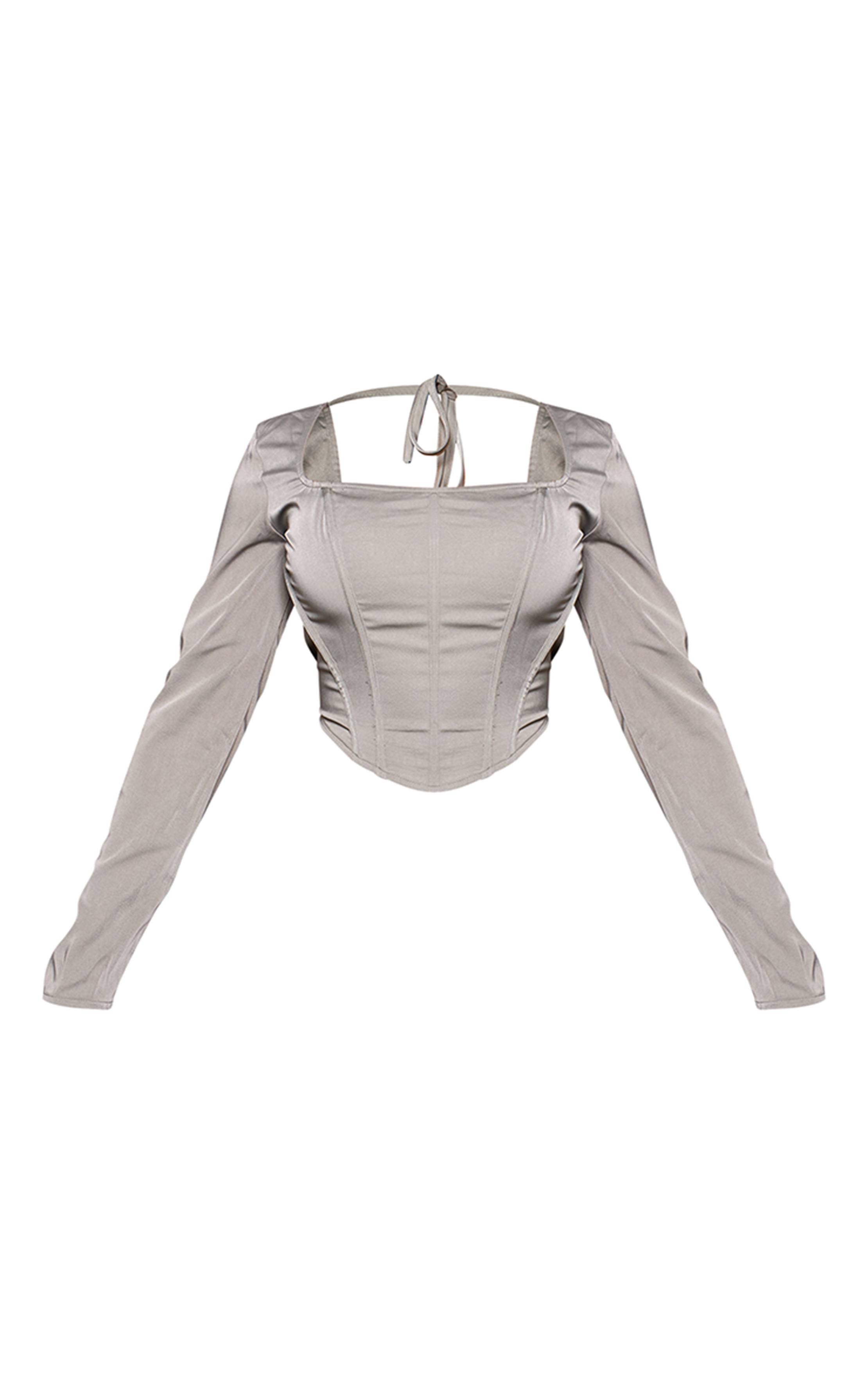 Gris Corset À Manches Longues En Tissu Tissé Avec Détails De Baleines Sculptants