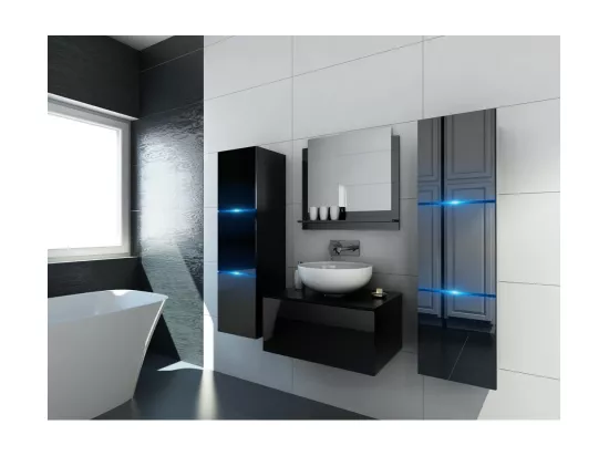 Meuble sous vasque suspendu collection OWL, coloris noir mat et noir brillant, idéal pour une salle de bain design