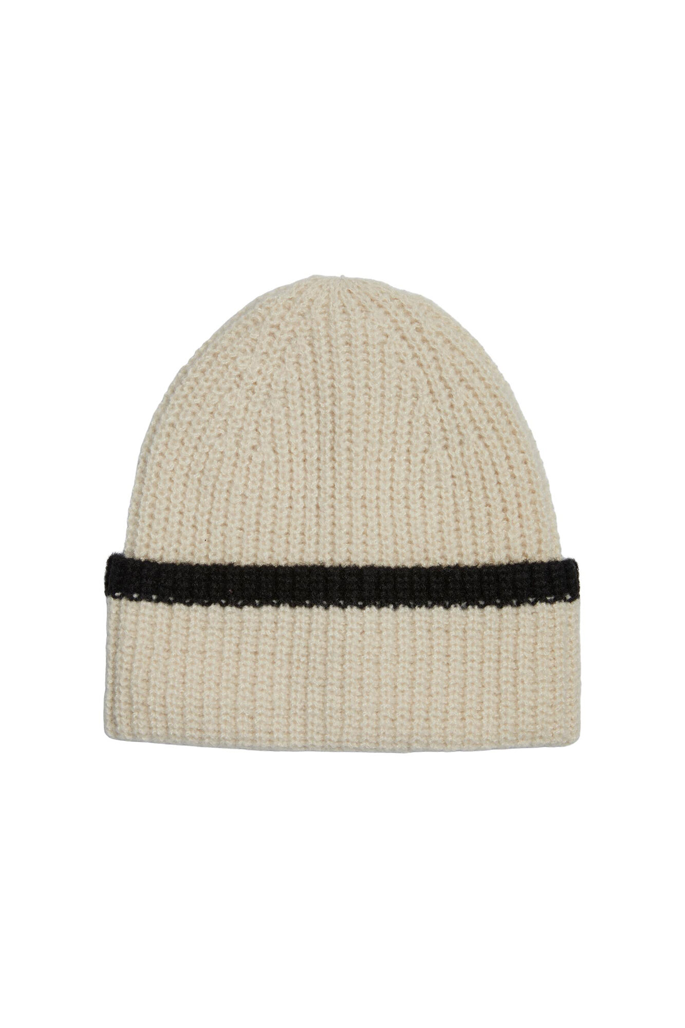 Gorro de tricô bicolor em tecido cañalé. Textura macia e barra dobrada.
