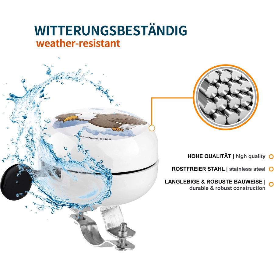 PROMETHEUS BICYCLES® Klingel für Kinder - Ding Dong Kinder-Fahrrad-Glocke - 60 mm - Links Montage, Weiß