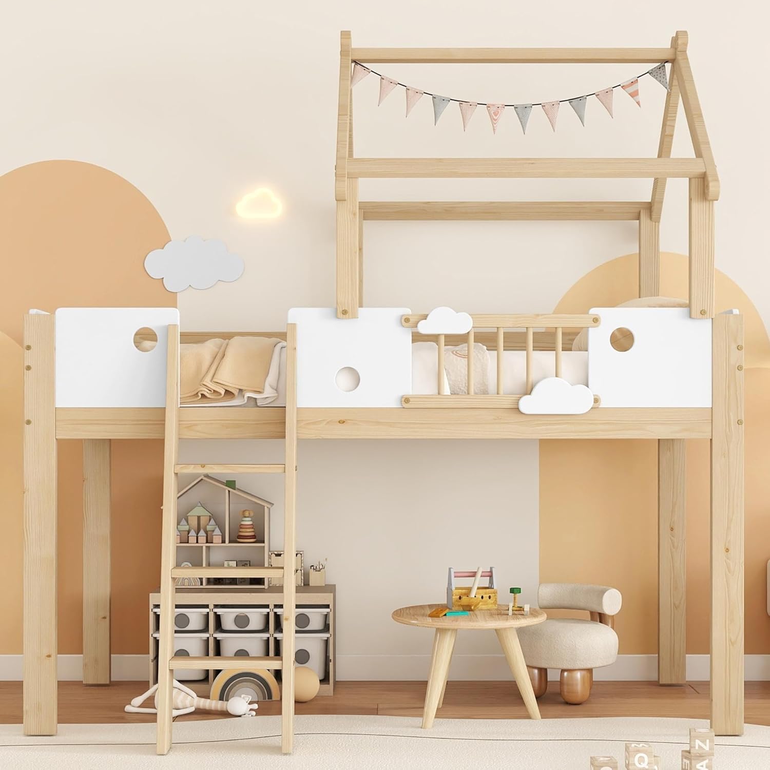 Merax Hochbett 90x200cm für Kinder, Etagenbett Kinderbett mit Fallschutz & Lattenrost, Hausbett mit Dreistufige Schrägleiter, Einzigartiges Dachdesign, Platzsparendes Stockbett, Kiefer+MDF, Natur&Weiß