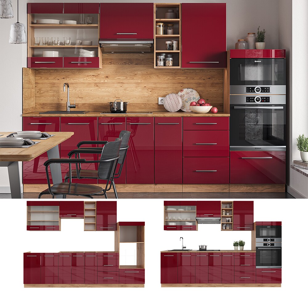 Vicco Küchenzeile Küchenblock Einbauküche Fame-Line Eiche Bordeaux Rot 280 cm modern Spülenunterschrank Unterschrank Schubunterschrank Hängeschrank Mikrowellenschrank Apothekerunterschrank