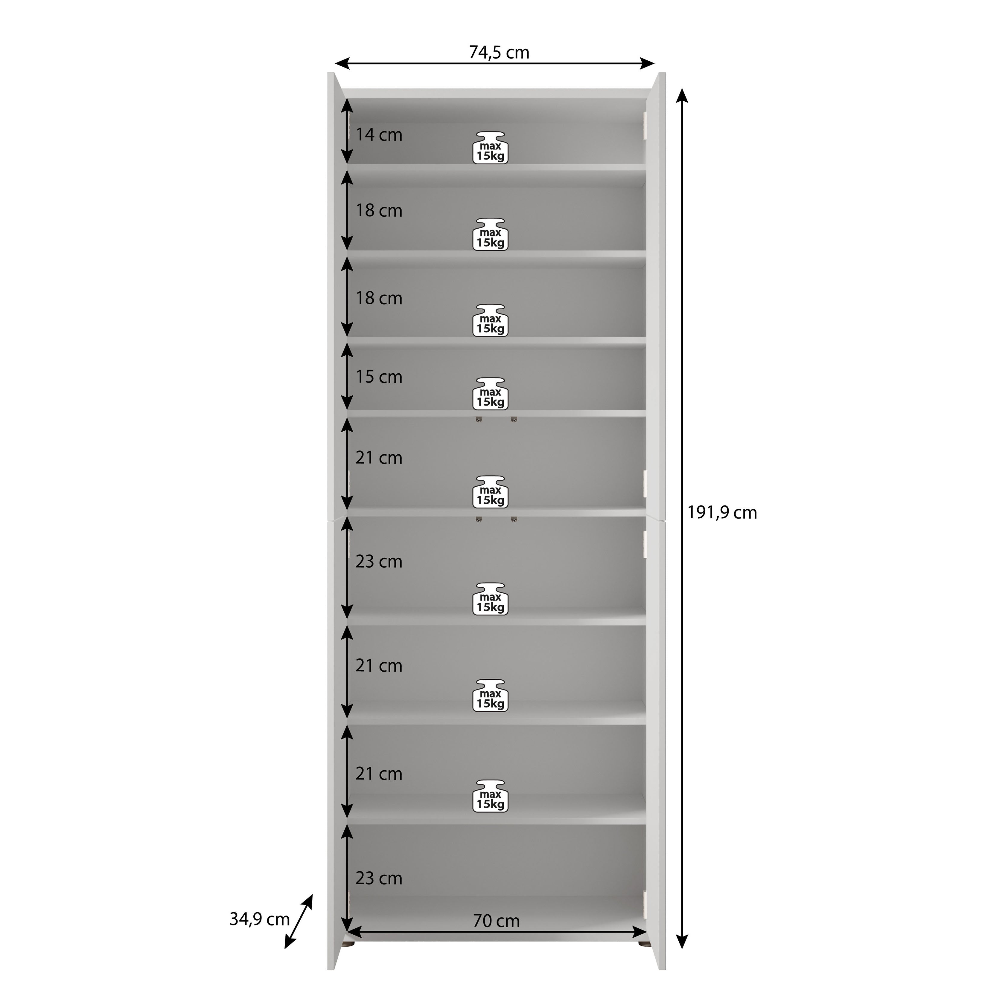 Amber - Schoenenkast 9 vakken - Lichtgrijs - 75x35x192 cm