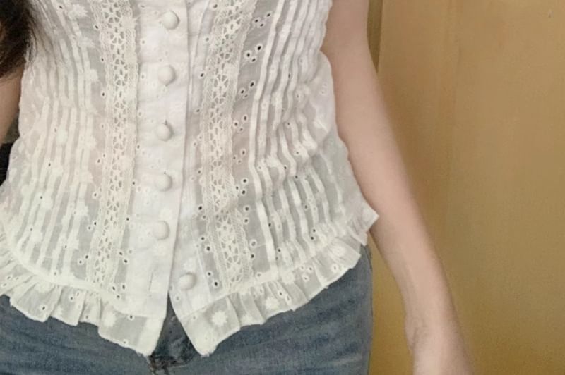 Striinkie - Blouse met pofmouwen, V-hals, geplooide kanten afwerking, pointelle-hals, knoopjes en een slim-fit crop top