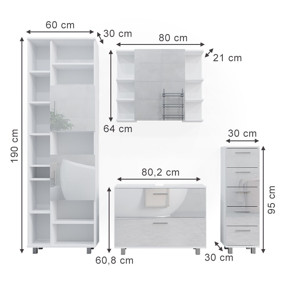 Vicco Badmöbel-Set Ilias Weiß Hochglanz modern Waschtischunterschrank Spiegelschrank Midischrank Hochschrank