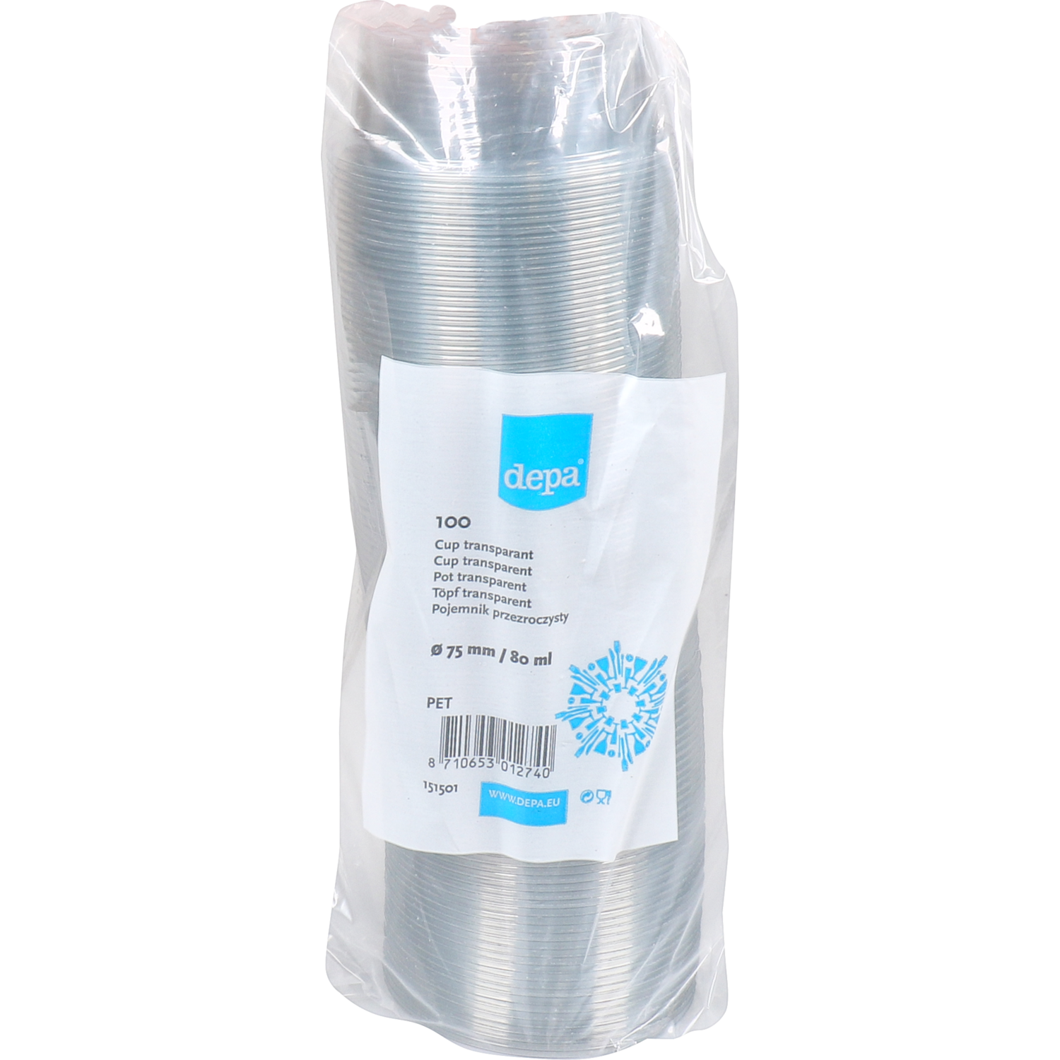 Cup, gerecycled PET, 80ml, Ø 75mm, transparant
