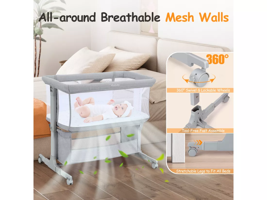 Berceau Cododo, 7 Hauteurs Réglables, avec matelas et sac de Rangement, paroi latérale pliable, roues pivotantes à 360° avec frein
