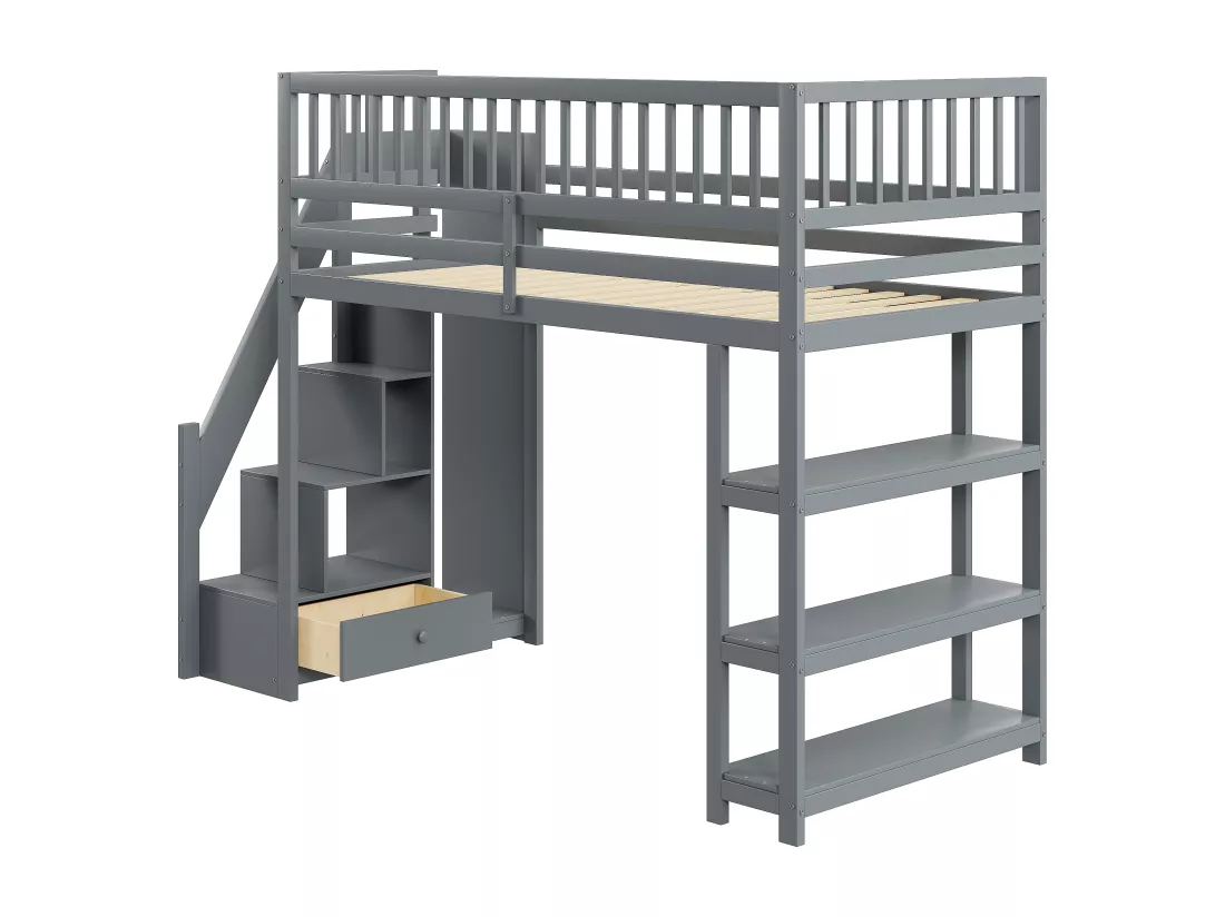 Lit mezzanine 90x200 cm en bois - avec étagères et une penderie - avec barres hautes - Gris