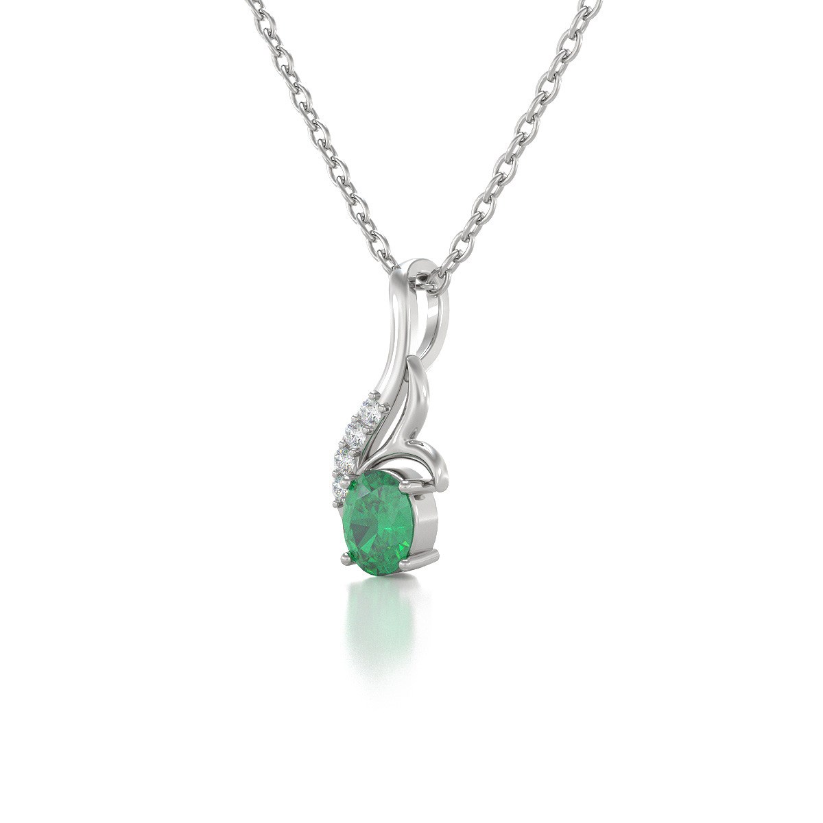 Collier Pendentif ADEN Or 585 Blanc Emeraude et Diamants Chaine Or 585 incluse 0.75grs