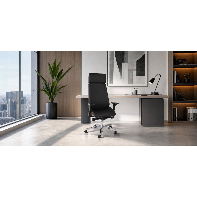 Chaise de bureau ergonomique Moon Wood Simili cuir, avec appui-tête, accoudoirs 3D, mécanisme synchrone + réglage profondeur d'assise, pieds chromé