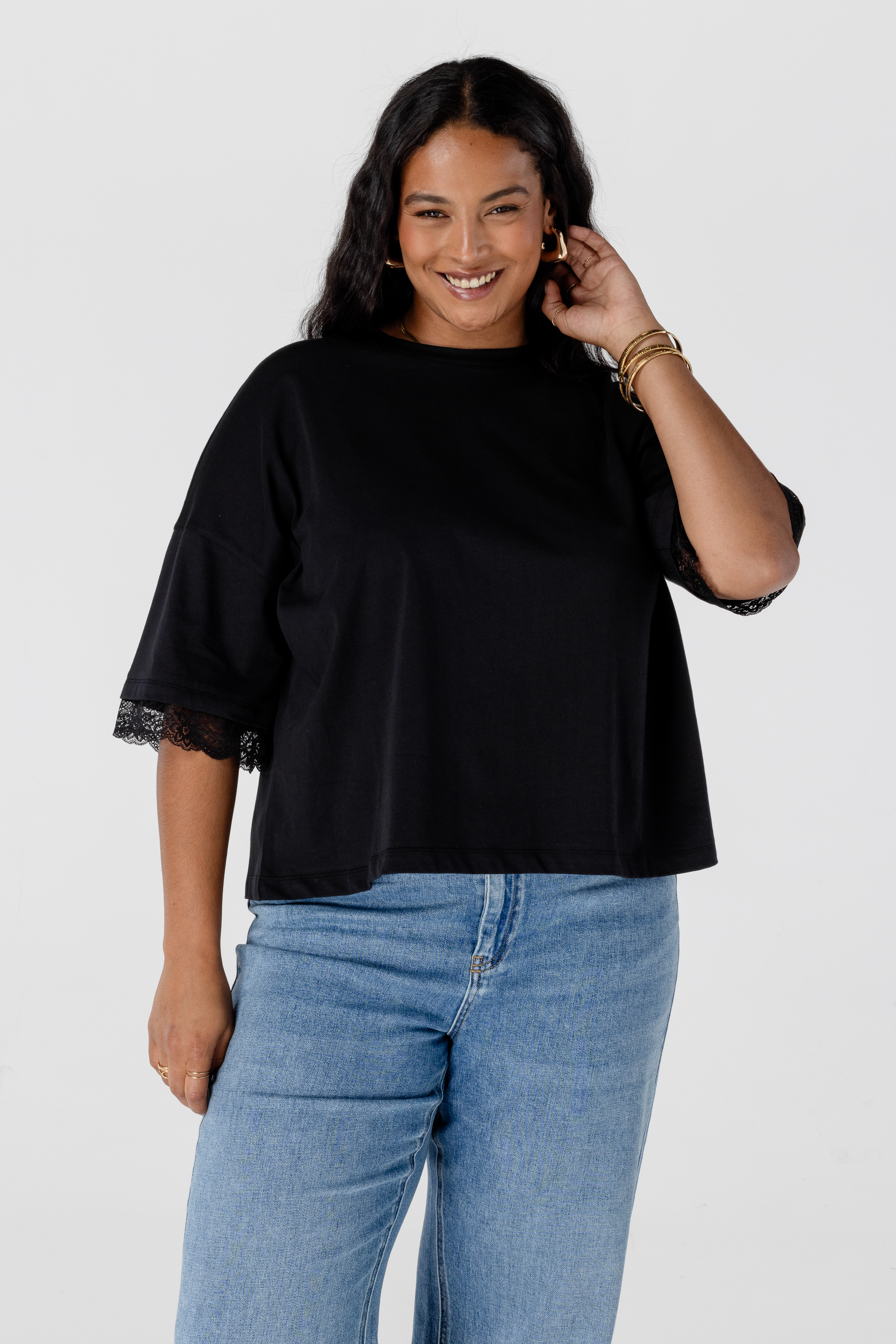T-shirt met kanten details Zwart