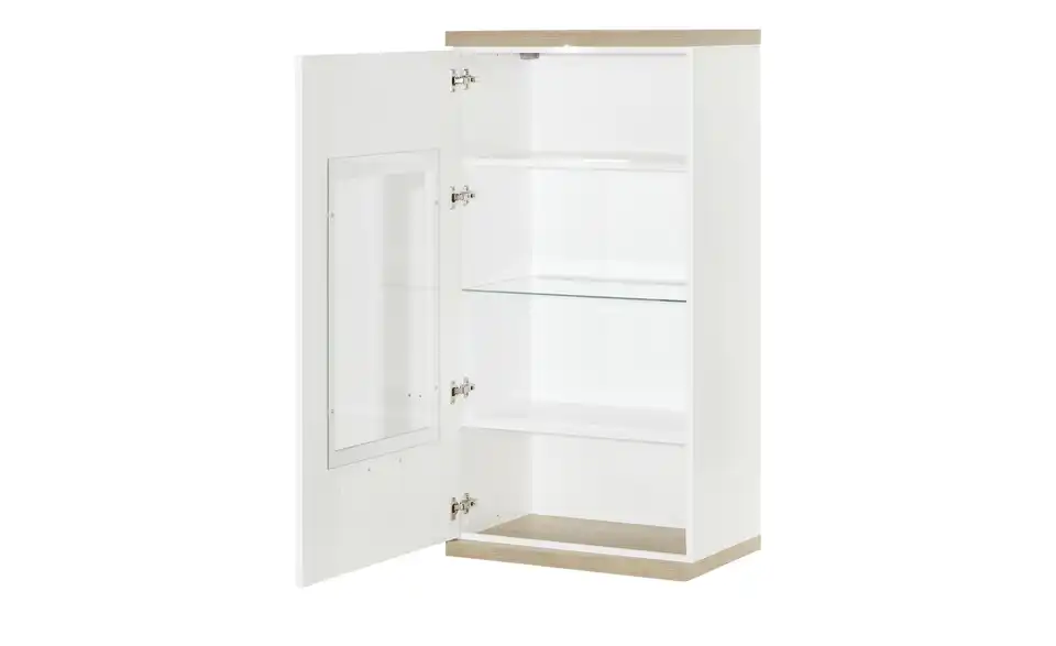 Hängevitrine Toulon Weiß, Eiche sägerau (Nachbildung) links Spotbeleuchtung