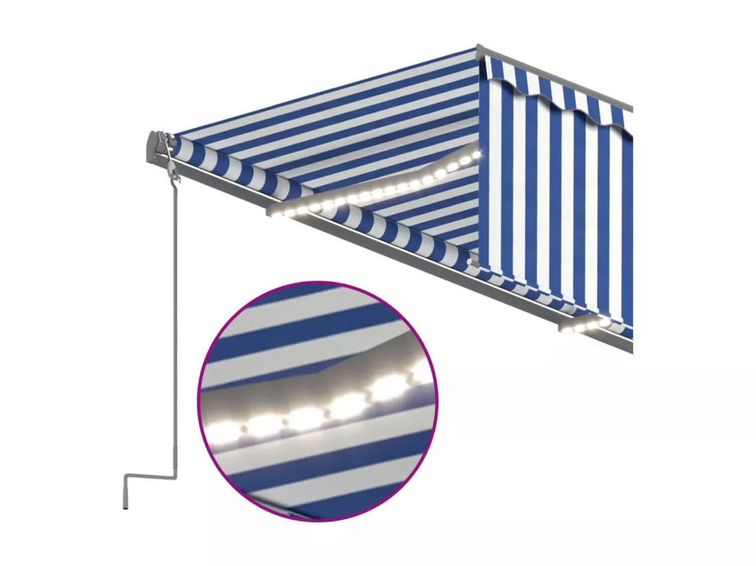 Auvent rétractable manuel avec store et LED 5x3 m Bleu et blanc