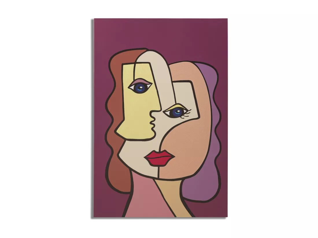 Tableau Toile sur Bois - Design Cubiste aux Couleurs Vives - Modèle Face New -B- 60x3x90 cm - Décoration Murale Énergique