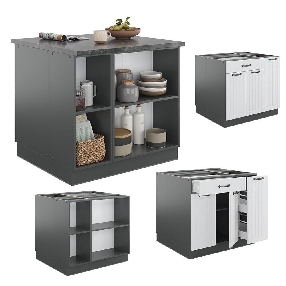 Vicco Kücheninsel Küchenblock Einbauküche Fame-Line Landhaus Anthrazit Weiß 90 cm Küchen Schränke Apothekerunterschrank Schubunterschrank Regalinselunterschrank Softclose-Scharnier Küchenmöbel