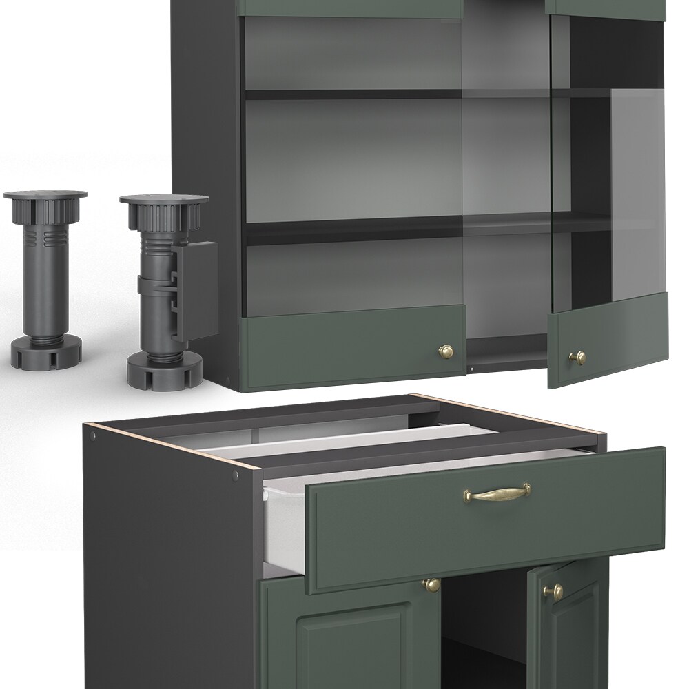 Vicco Küchenzeile Küchenblock Einbauküche Fame-Line Single Landhaus Anthrazit Grün Gold 140 cm modern Küchen Schränke Spülenunterschrank Schubunterschrank Hängeschrank Hängeglasschrank