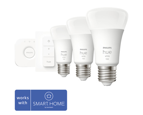 Philips Hue White Starterset 3x A60 E27/9,5W (75W) 1100 lm 2700 K incl. Bridge + Dimmer Switch - Compatibel met SMART HOME van Hornbach