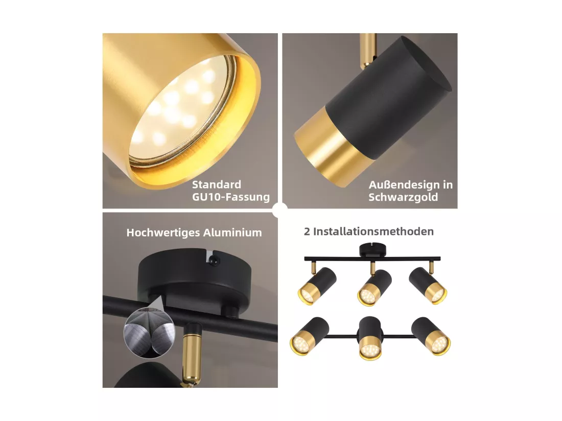 NETTLIFE Spot de plafond GU10 lampe de couloir noir or spot vintage rotatif à 350° pour salon chambre cuisine