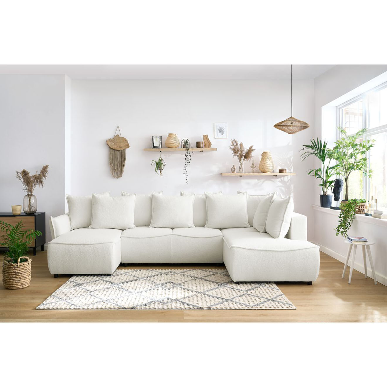 Bobochic Canapé panoramique convertible coffre d'angle gauche bouclette léon blanc - 320x194x90 cm