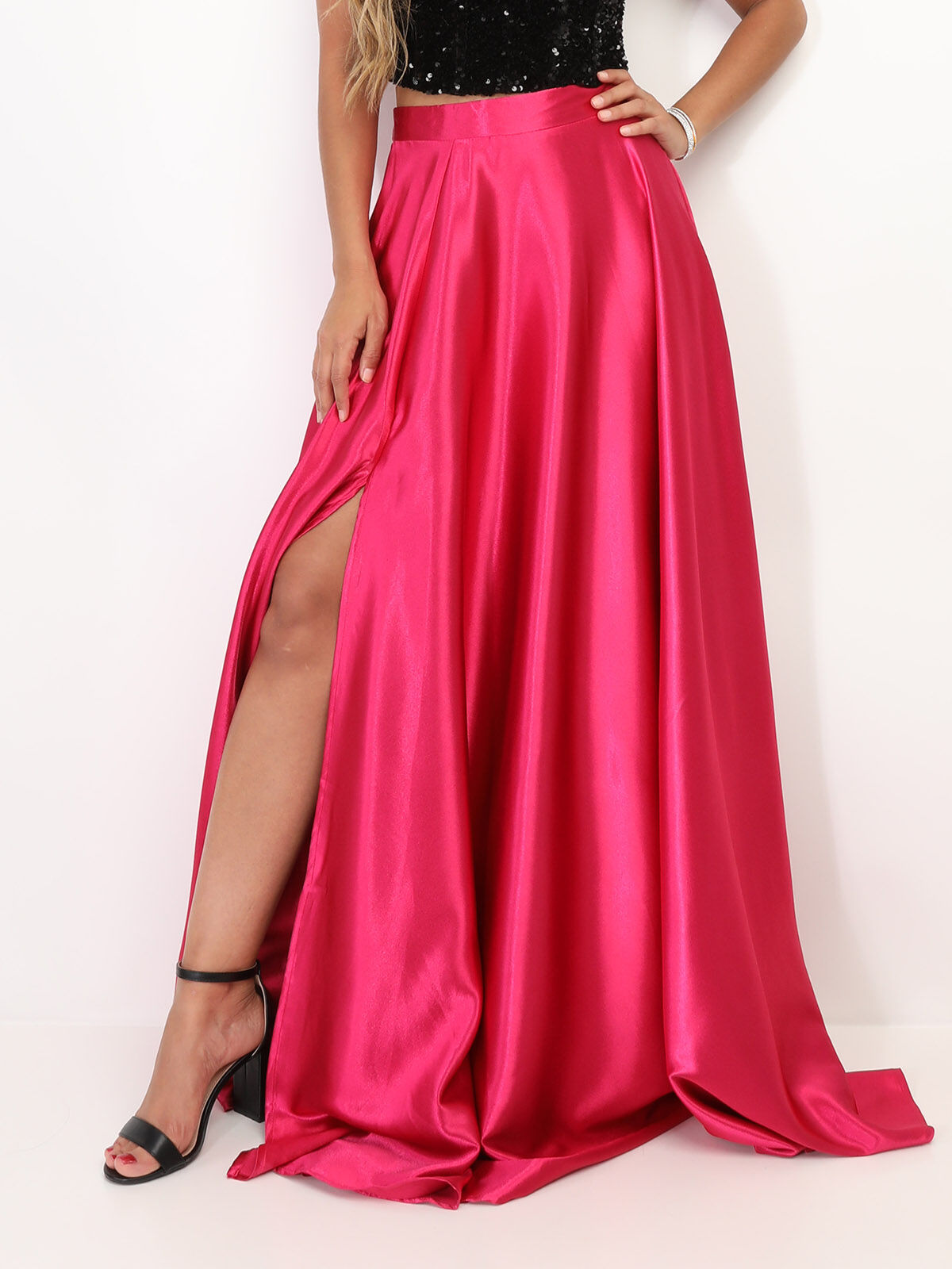 Jupe longue taille haute effet satiné- Fuchsia