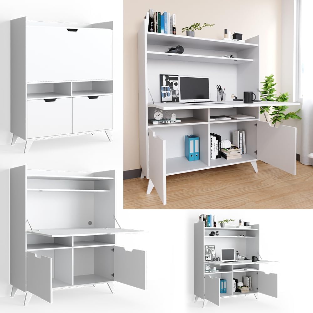 Vicco Sekretär Schreibtisch Berdi, Arbeitstisch mit Schrank, Weiß, 110 x 45 cm