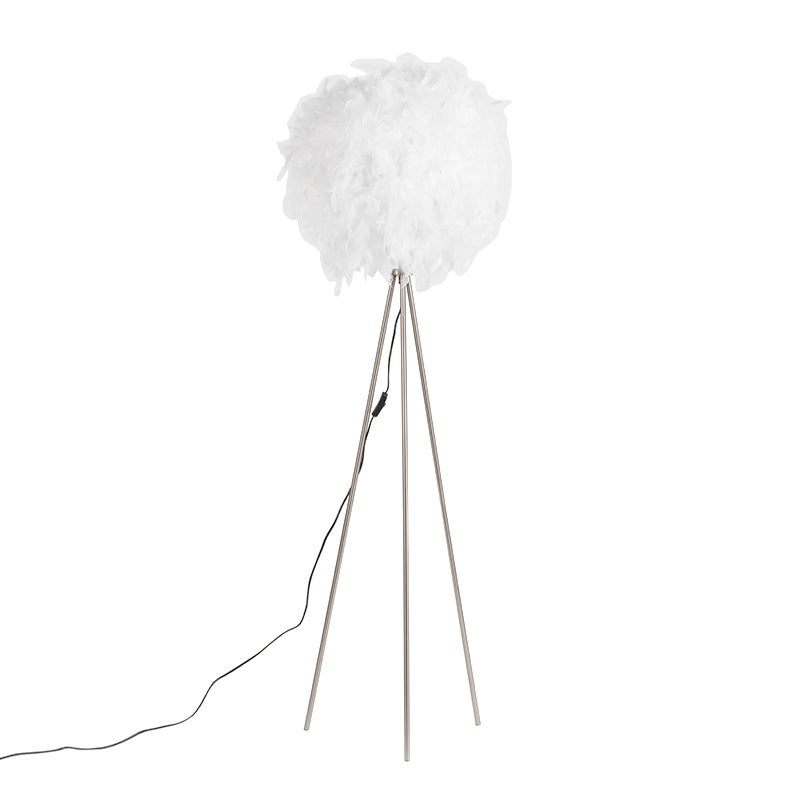 QAZQA - Moderne romantische vloerlamp wit - Veer | Woonkamer | Slaapkamer - Rond staal - LED-compatibel E27