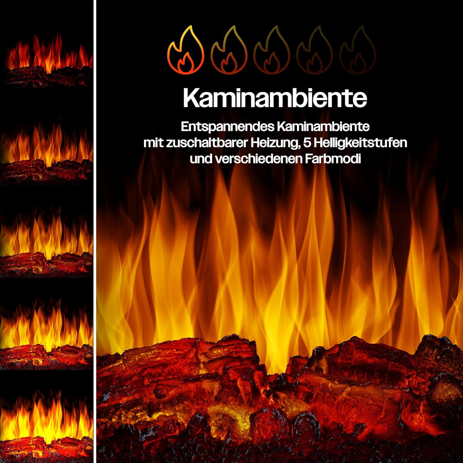 KESSER® Elektrokamin mit Heizung Panorama-Sichtfenster Heizlüfter 9 LED-Flammeneffekt Farbmodi Fernbedienung WiFi App 900/1800W Kaminfeuer elektrisch mit Thermostat Heizfunktion Timer