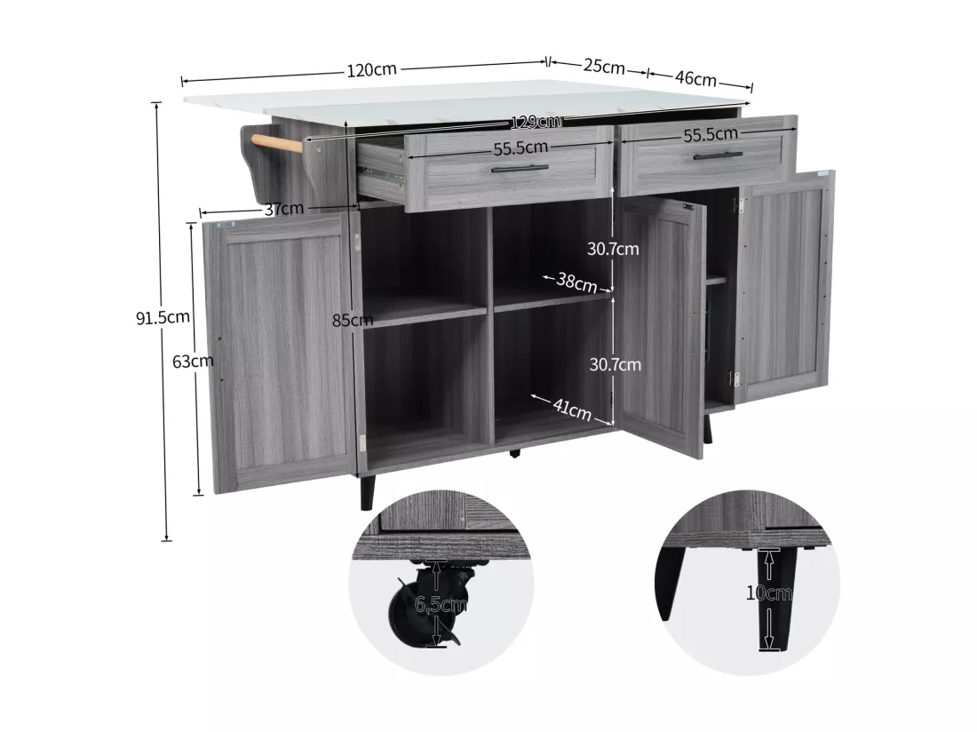 Desserte de cuisine, Chariot de table 129x76x91,5cm, plateau rabattable, étagères intérieures, îlot de cuisine, blanc + gris kaki