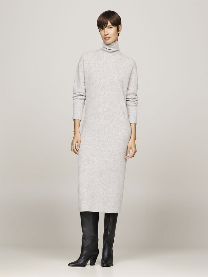 Tommy Hilfiger WOOL CASH ROLL-NK LS LONG DRESS Light grey htr