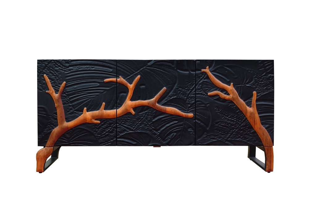 Massives Sideboard FOREST 160cm schwarz braun Mangoholz sechs Fächer 3D-Front