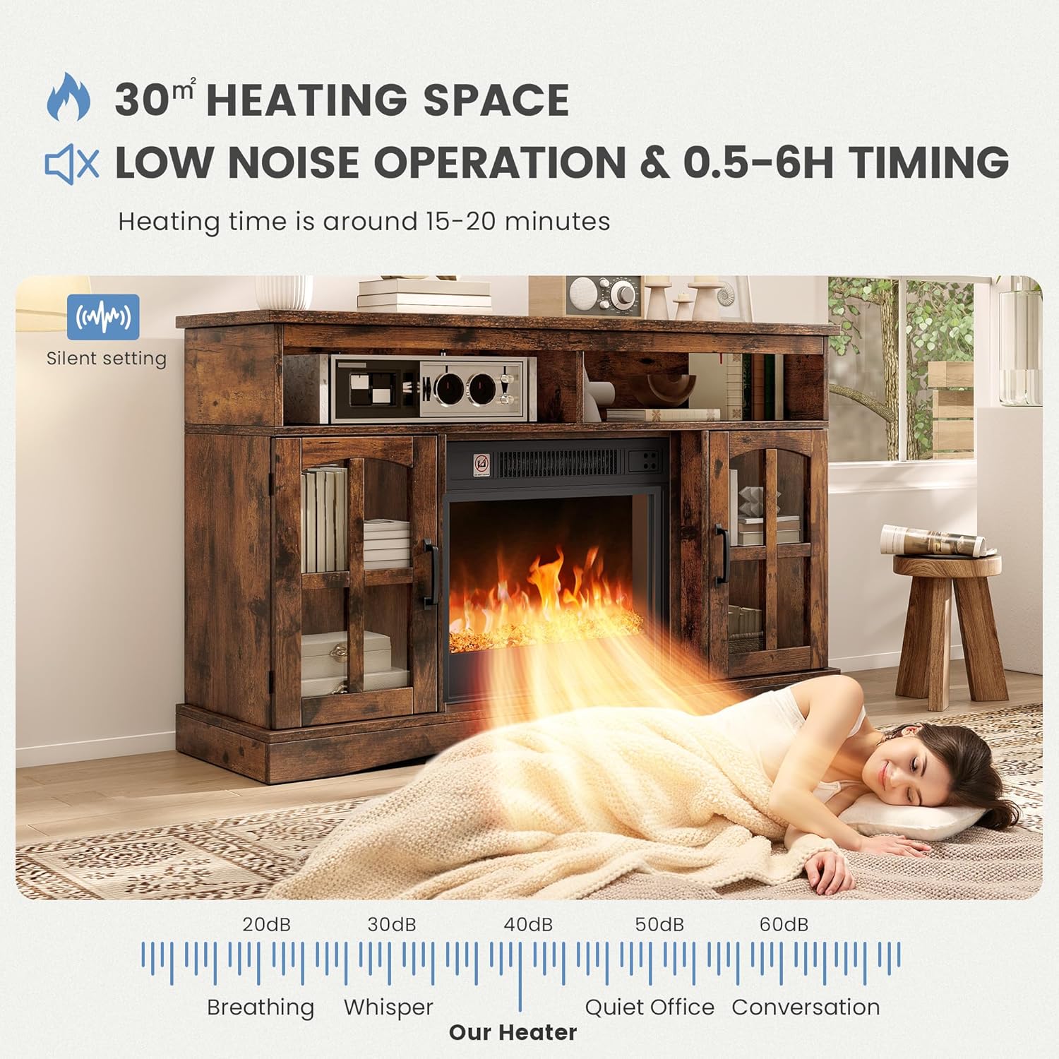 TAUS elektrokamin, elektrischer Kamin, Electric Fireplace für das Wohnzimmer mit flammeneffekt, Einstellbarer Flamme, 1-8 Stunden Timer, Überhitzungsschutz, Heizfunktion & Fernbedienung