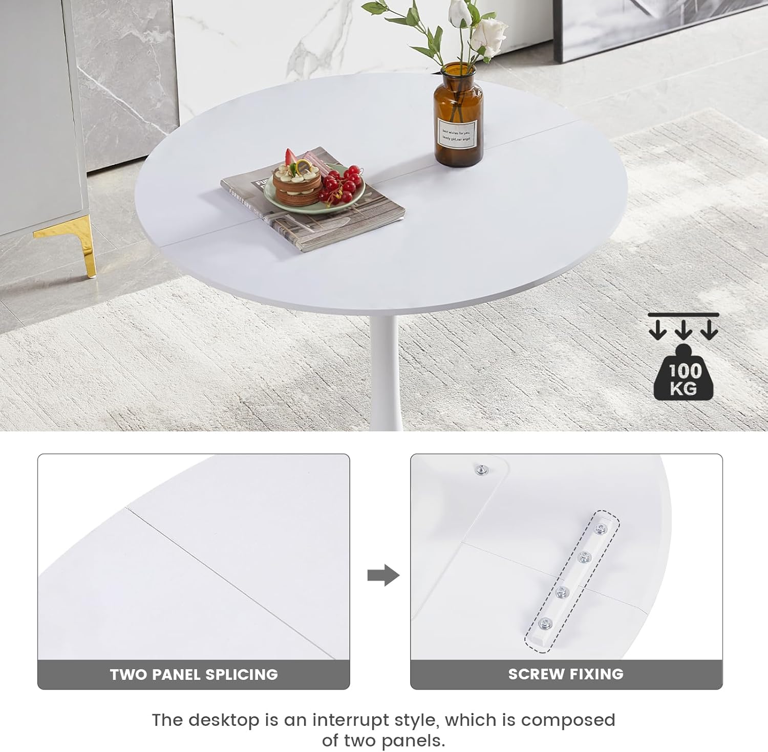 Moderner runder Esstisch, Bartisch, Schreibtisch, geeignet für Küche, Esszimmer, Wohnzimmer und Büro, für 2-4 Personen, Durchmesser 100 cm, weiß