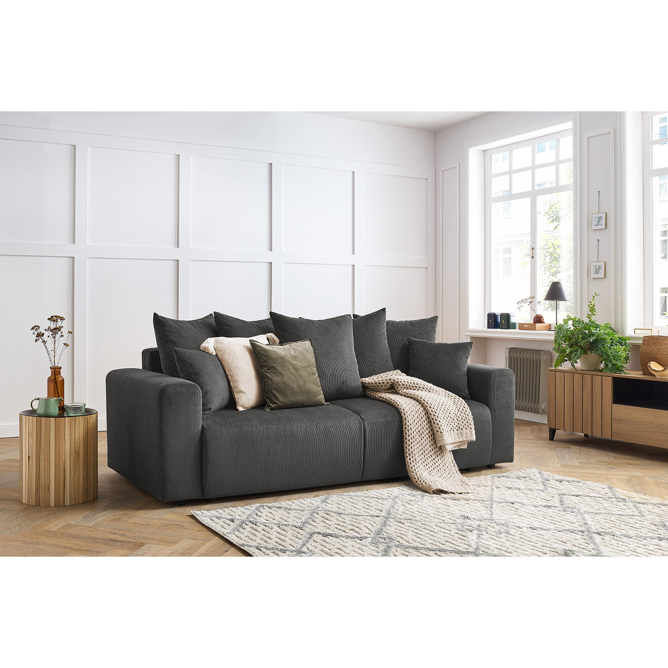 Bobochic Canapé droit fixe 3 places envy velours côtelé gris foncé - 240x100x95 cm