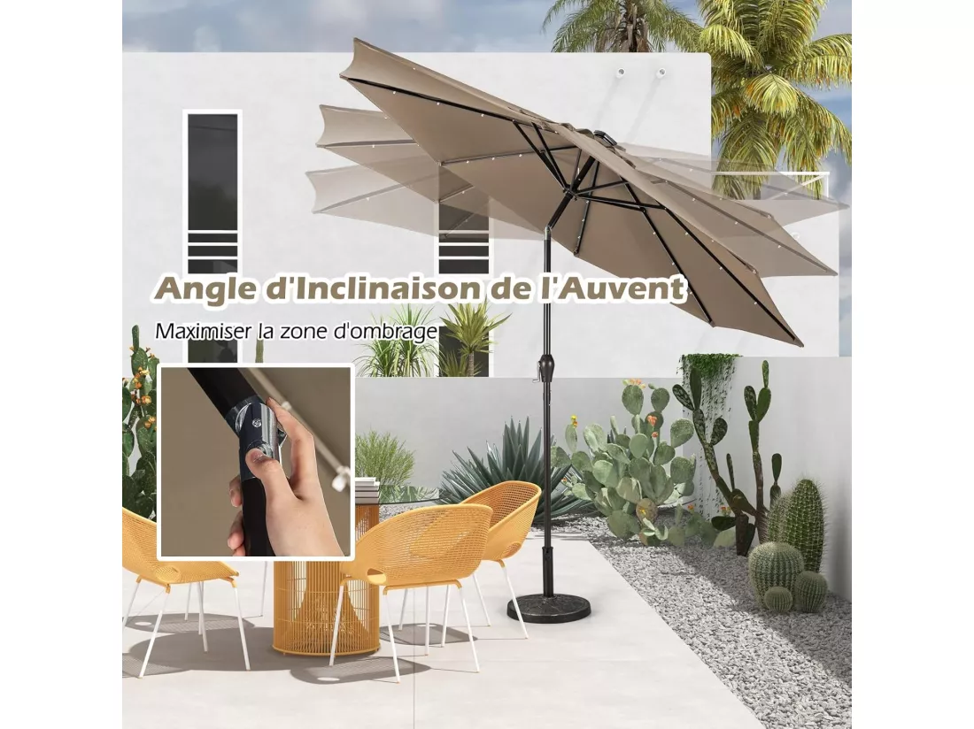Parasol de Jardin Extérieur Ø 300 CM, Parasol Inclinable Lumineux Solaire avec 24 LED, Parasol Droit avec Manivelle et 8 Baleines Métalliques Robustes, pour Balcon Jardin Terrasse (Brun)