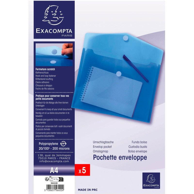 Pochette de rangement à scratch Exacompta 24 x 31,5 cm Bleu - Paquet de 5