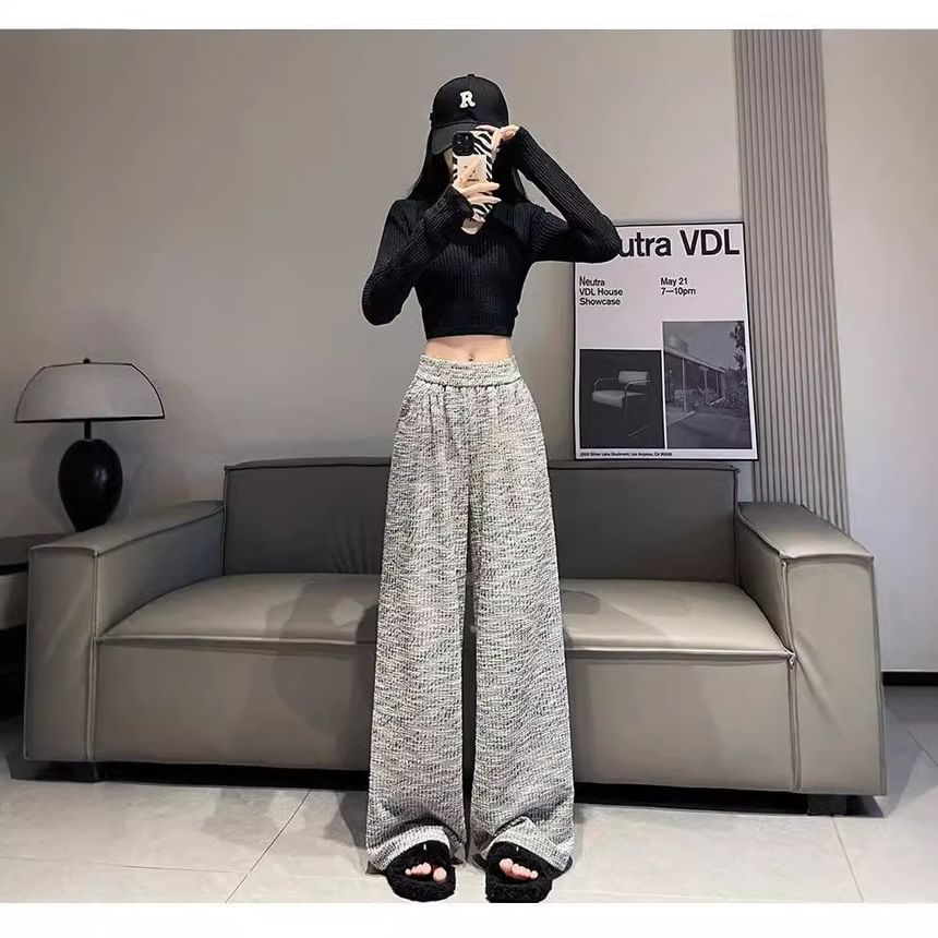 Dovitade - Hoge taille tweed broek met wijde pijpen