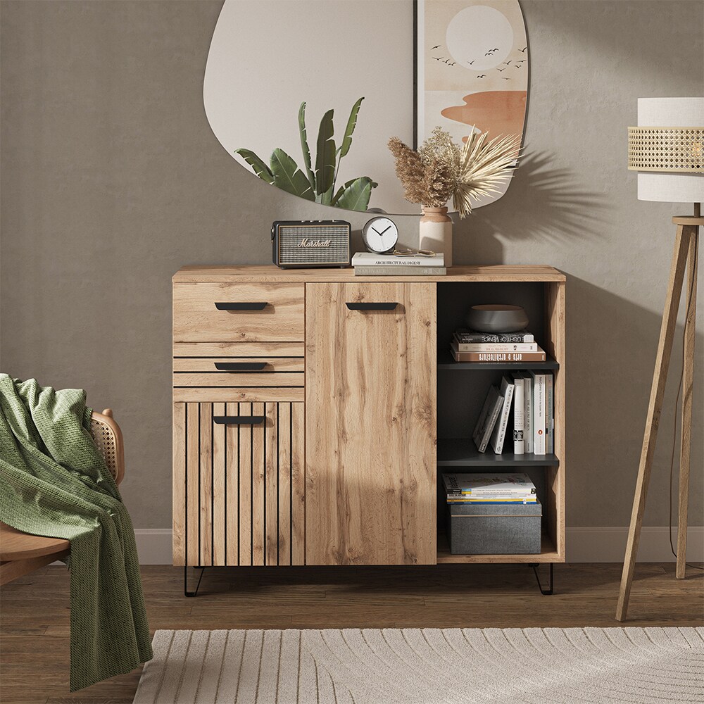 Vicco Sideboard Amber Eiche Wotan 120 x 100 cm mit 2 Türen und 2 Schubladen