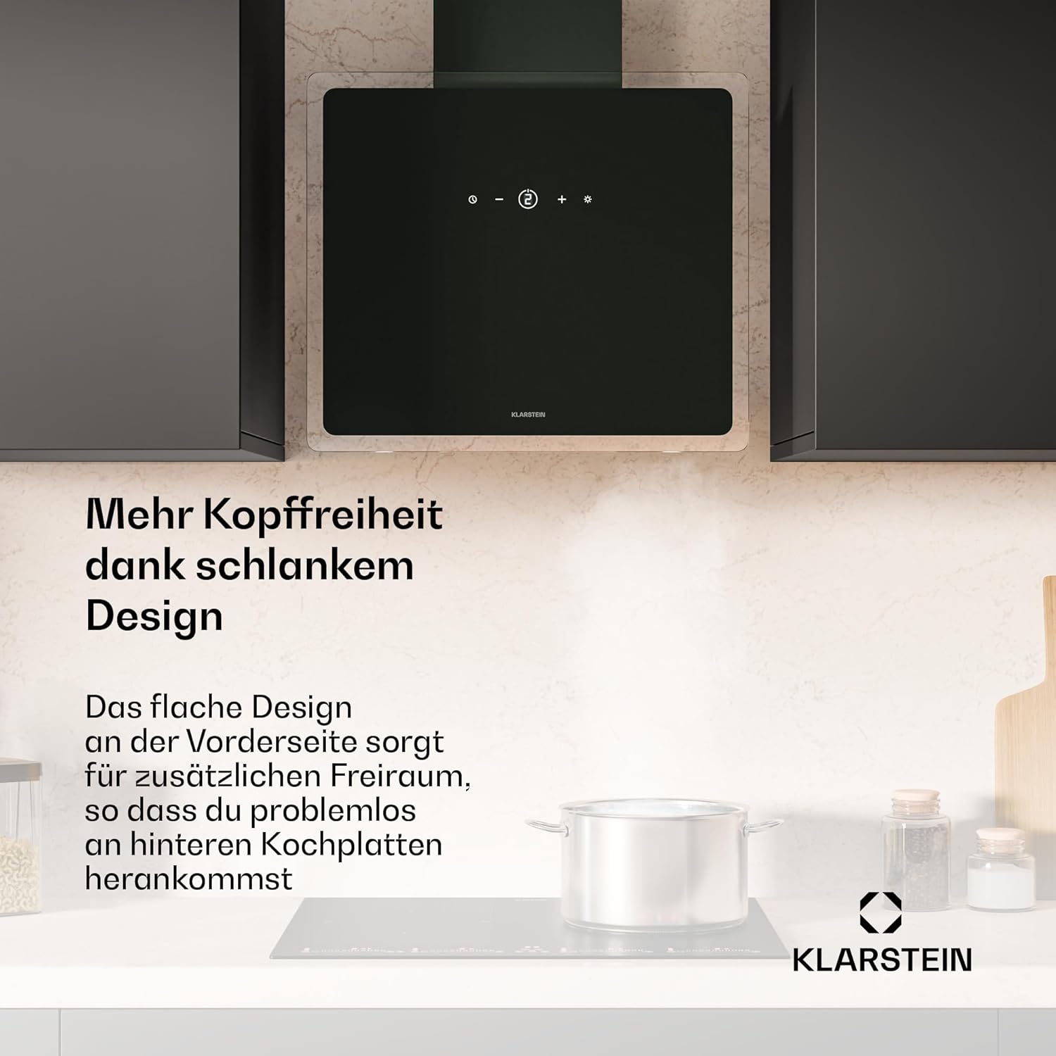 Klarstein AlizeEdge Dunstabzugshaube - 60 cm Wandhaube, Flaches Design, Touch-Steuerung, 487 m³/h Luftdurchsatz, A+ Energieeffizienz, LED-Beleuchtung, Leise 38 dB, Abluft & Umluft, Schwarz