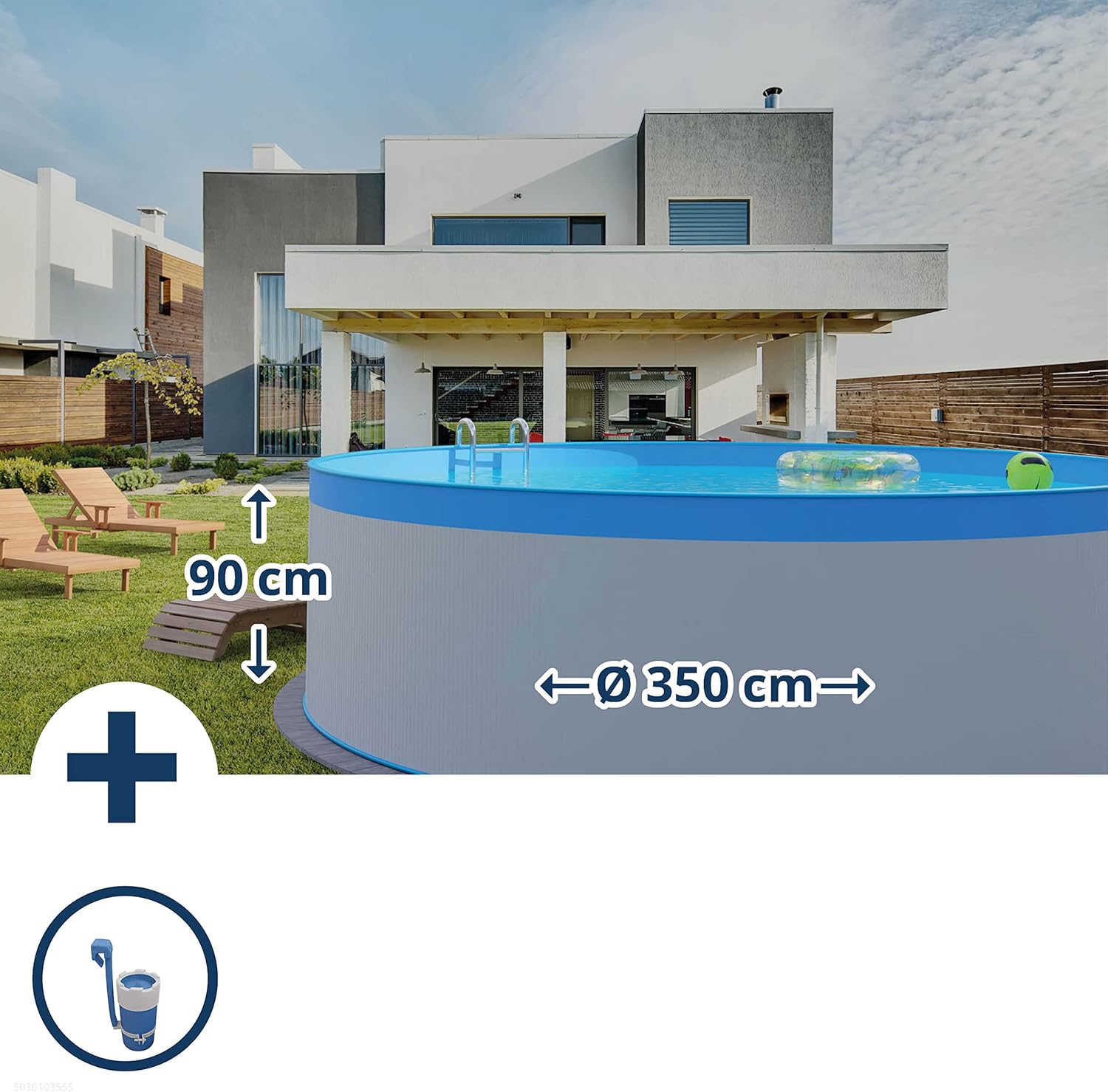 Stahlwandpool Set rund Arizona 350x90 cm, Stahl 0,3 mm weiß, Folie 0,2 mm blau, Overlap