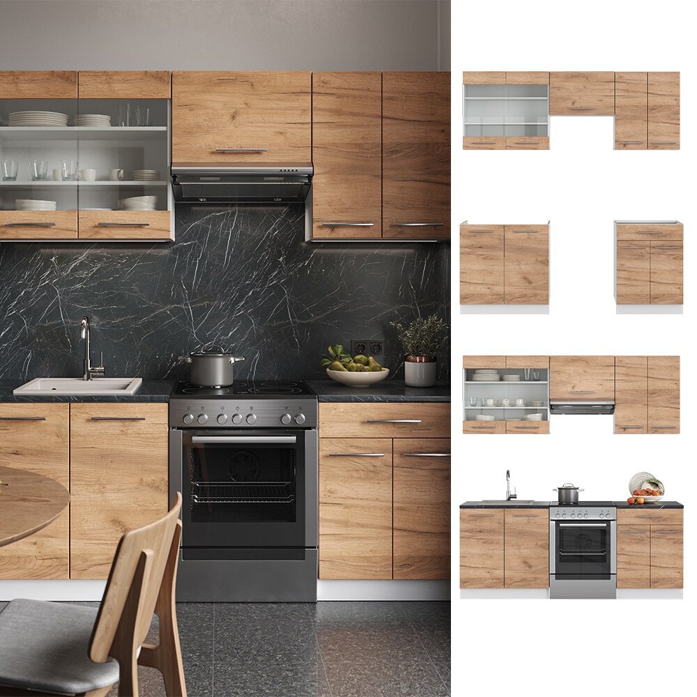 Vicco Küchenzeile Küchenblock Einbauküche Fame-Line Weiß Eiche 200 cm modern Küchen Schränke Schubunterschrank Spülenunterschrank Hängeschrank Hängeglasschrank