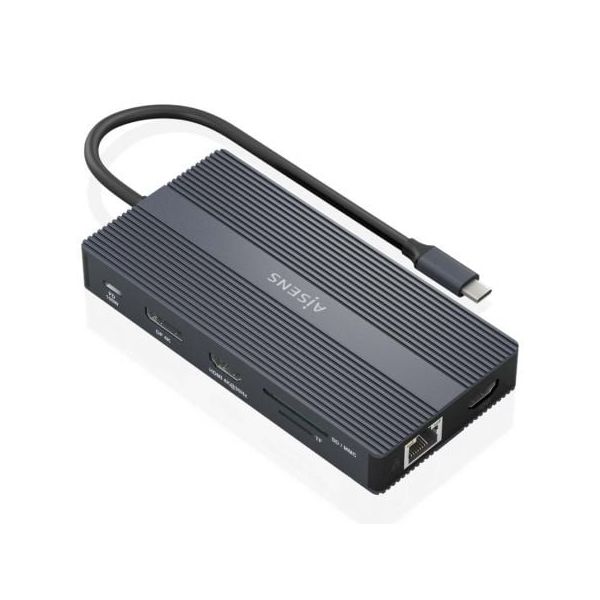 AISENS Docking Station ASUC-12P017-GR   USB-C de 12 Portas 2x HDMI DisplayPort RJ45 4x USB-A USB-C USB-C PD Leitor de Cartões SD/MicroSD Cinzento