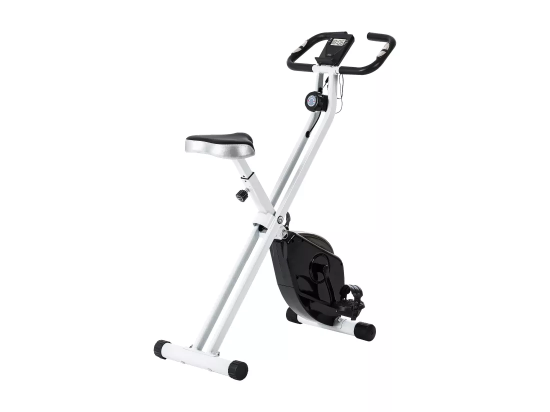 Vélo d'appartement pliant, vélo fitness silencieux vélo d'intérieur avec résistance magnétique à 8 niveaux, capteur de fréquence cardiaque, siège réglable, écran LCD et roulettes, blanc