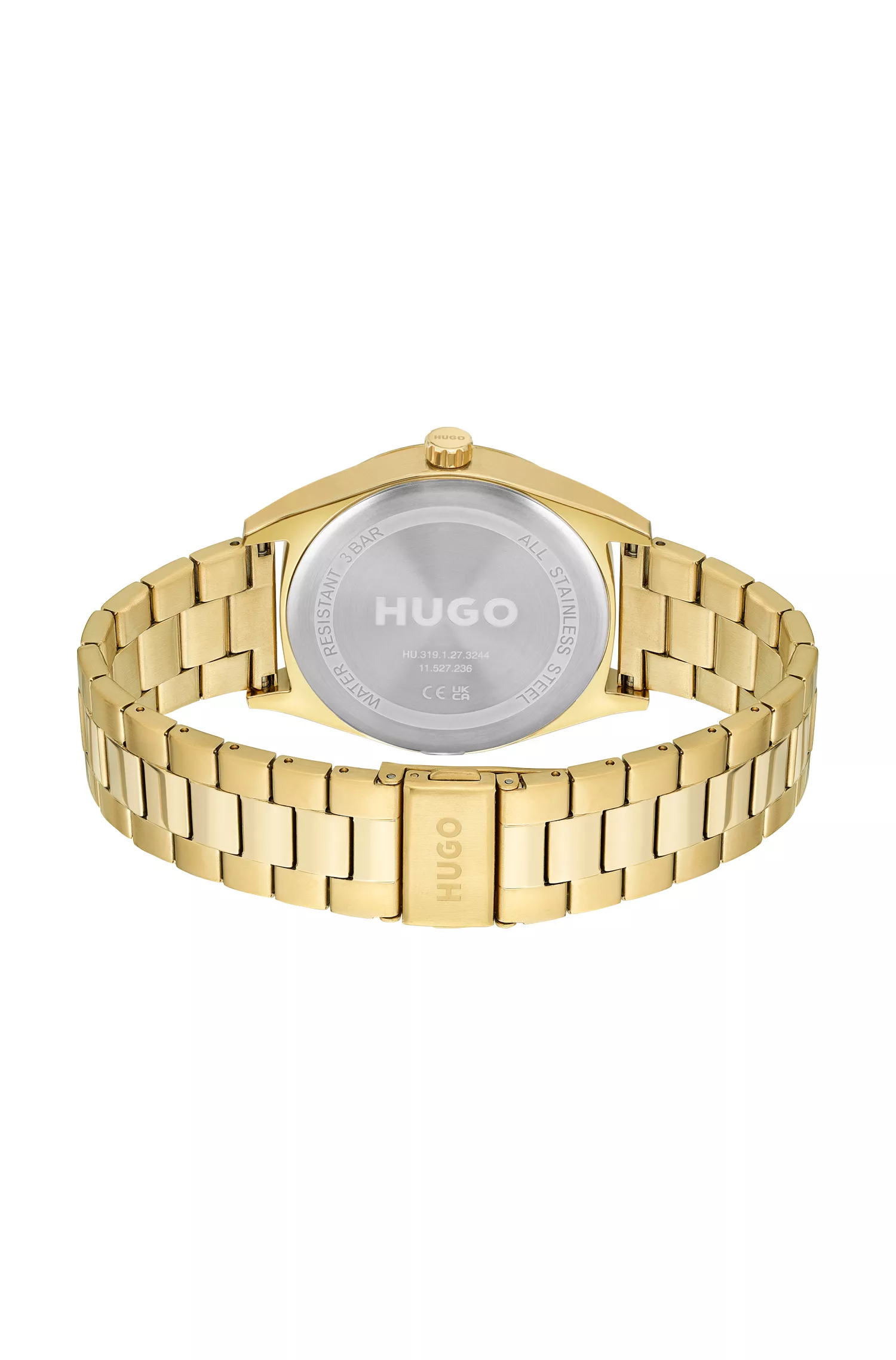 Relógio HUGO com efeito ouro-avermelhado, mostrador azul e pulseira de elos.