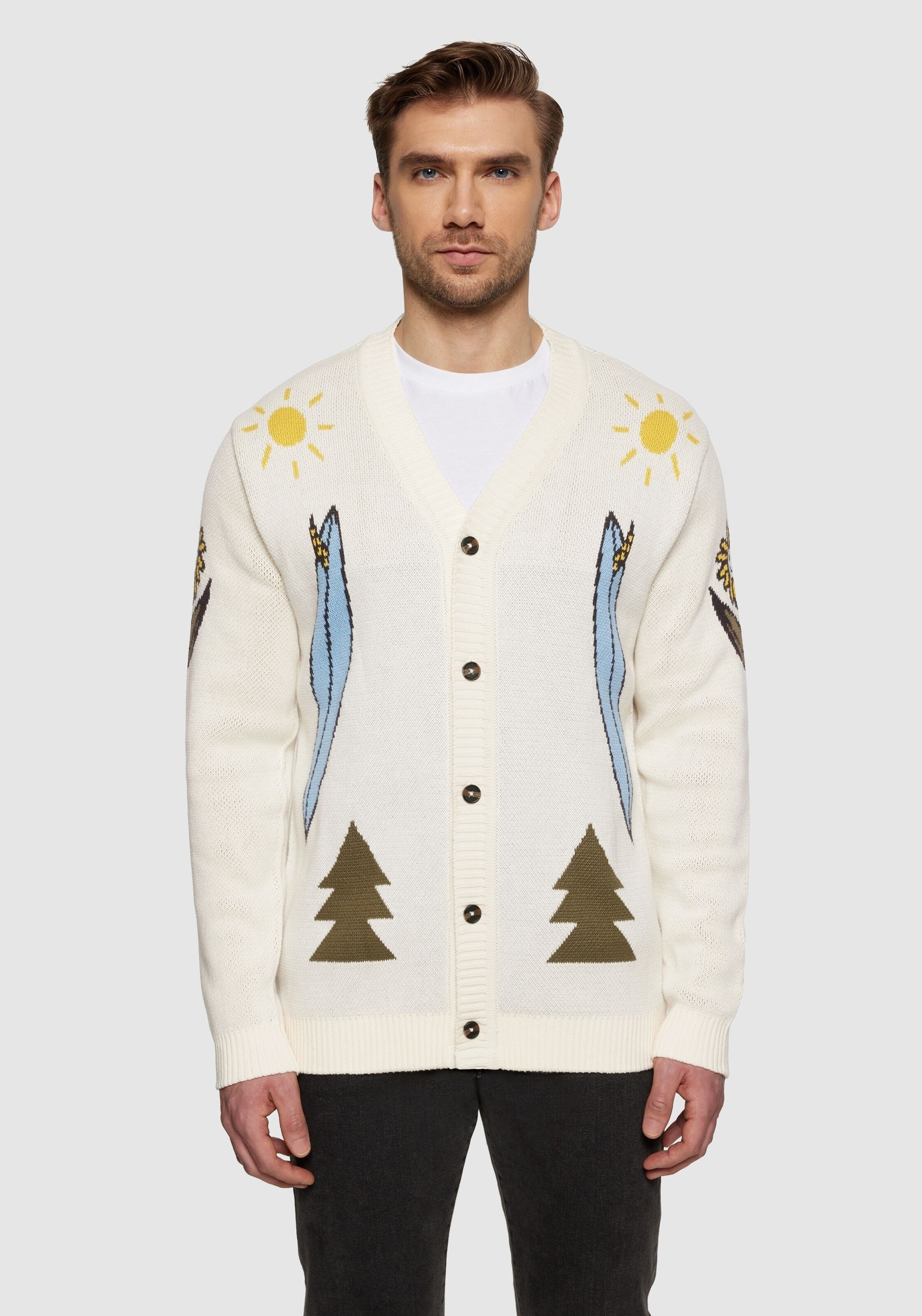 Knowledge Cotton Apparel Cardigan Jacquard Trees Yes Please Egret